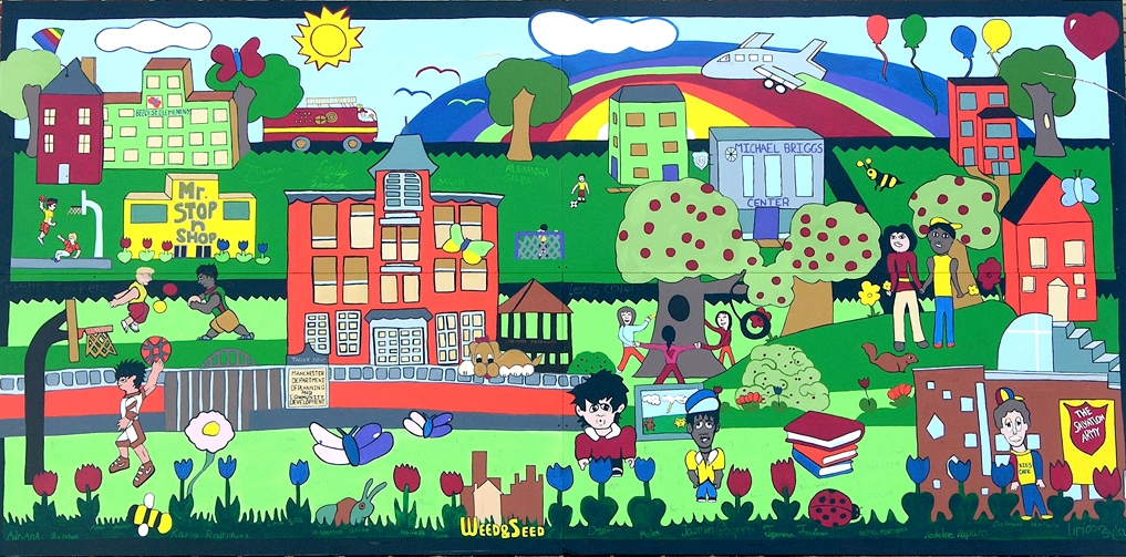 PICTURE INFO: Mural commissioned by City of Manchester Planning and Community Development Department; Artist Rick Freed, Muralworkz and children from the Kids Café. Currently displayed at The Salvation Army, 121 Cedar Street, Manchester, NH.